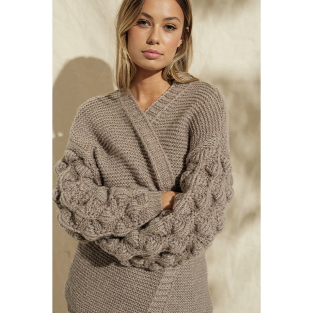 Khaki Pompom Sleeve Knit Open Cardigan Sweater - Picture 4 of 6